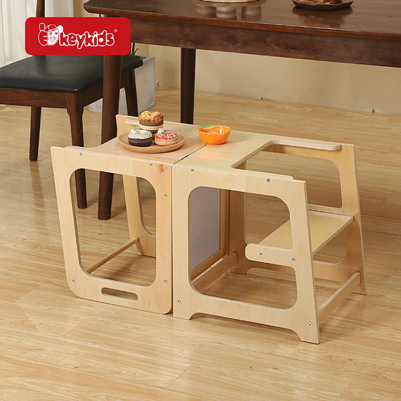 4 in 1 Toddler Kitchen Stool Helper Tower Wooden Kids Step Stool with Chalkboard W08G386